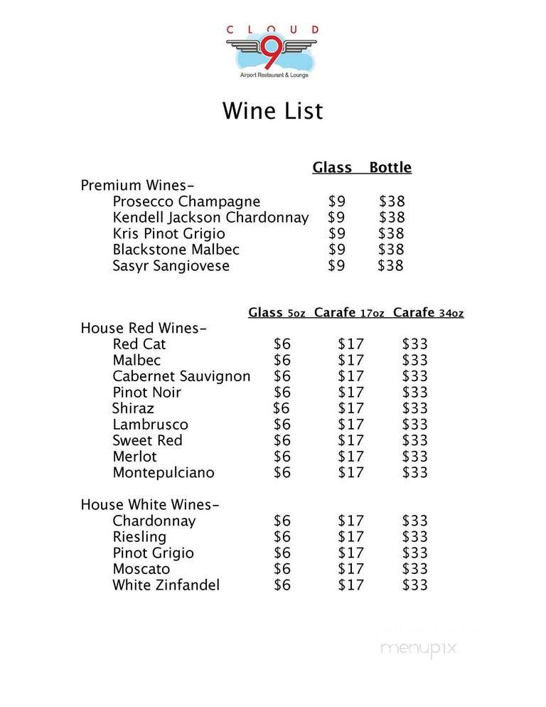 Cloud 9 - Montoursville, PA menu_pic