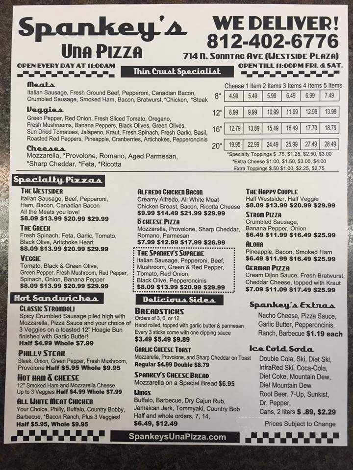 Spankey's Una Pizza - Evansville, IN menu_pic