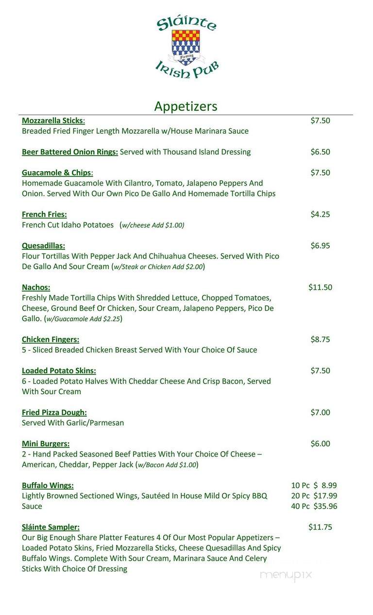 Slainte Irish Pub - Forest Park, IL menu_pic