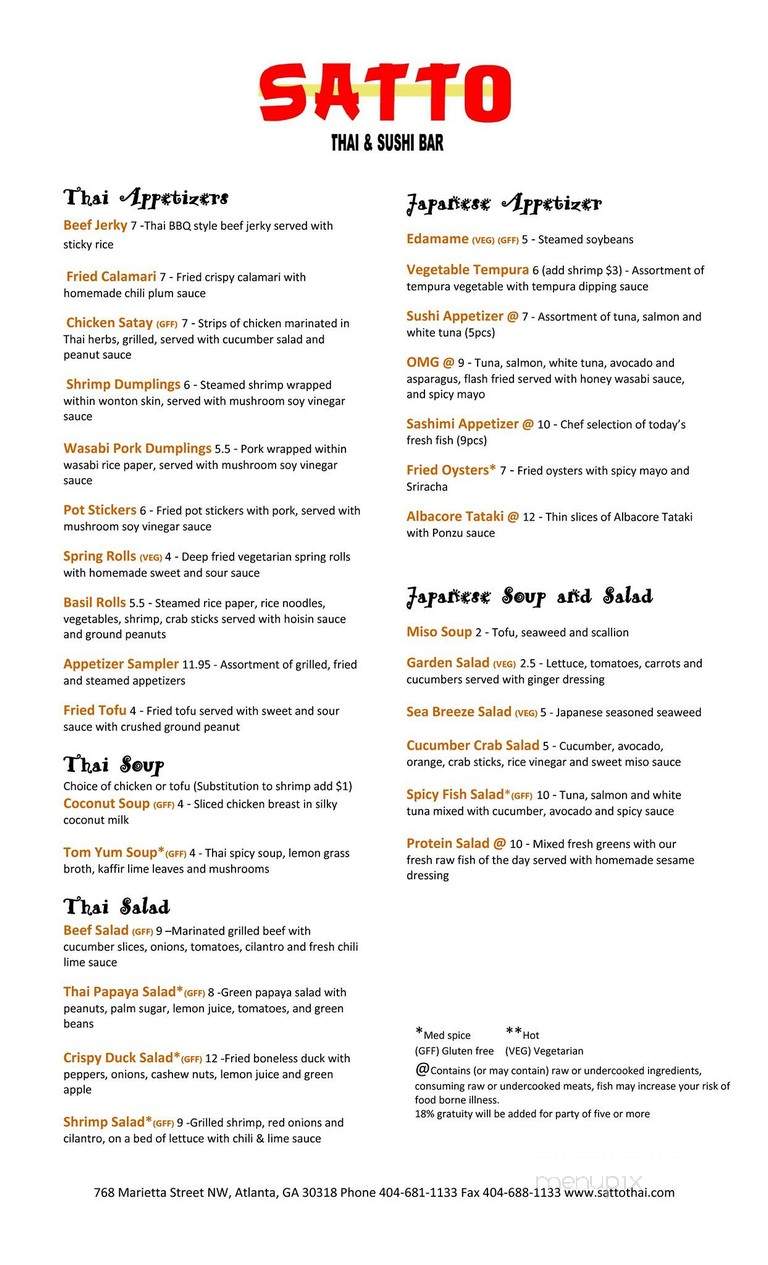 Satto Thai Sushi Bar - Atlanta, GA menu_pic