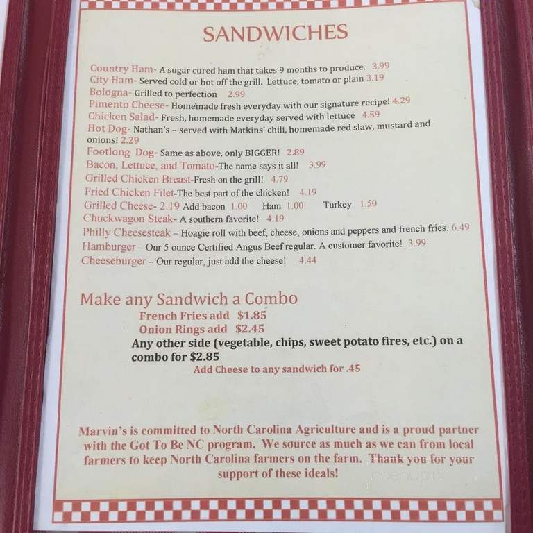 Marvin's Fresh Farmhouse Restaurant - Mount Pleasant, NC menu_pic