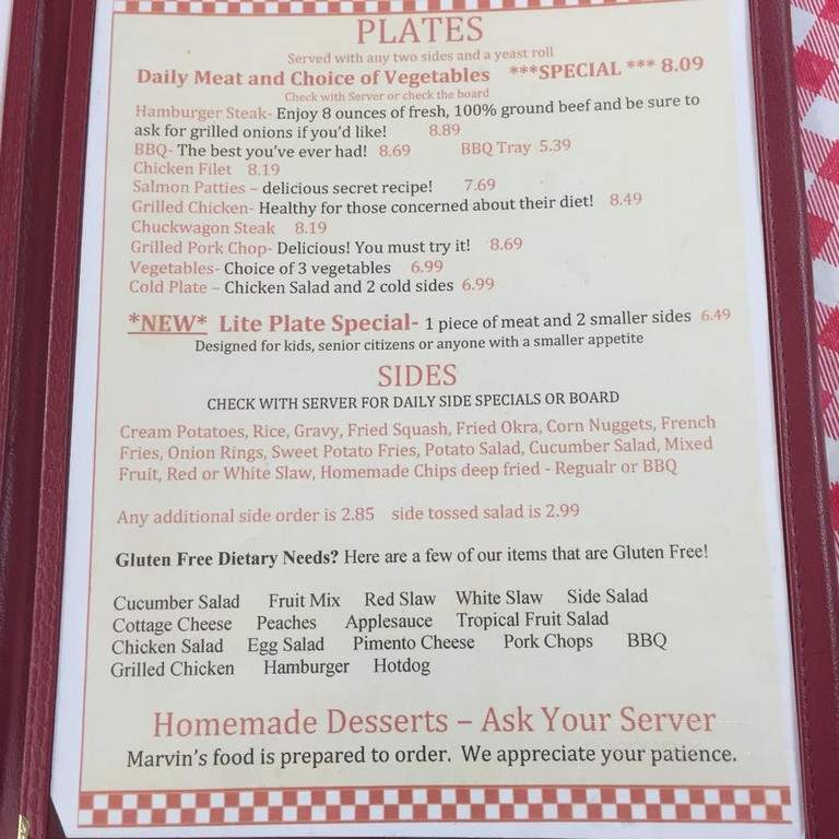 Marvin's Fresh Farmhouse Restaurant - Mount Pleasant, NC menu_pic