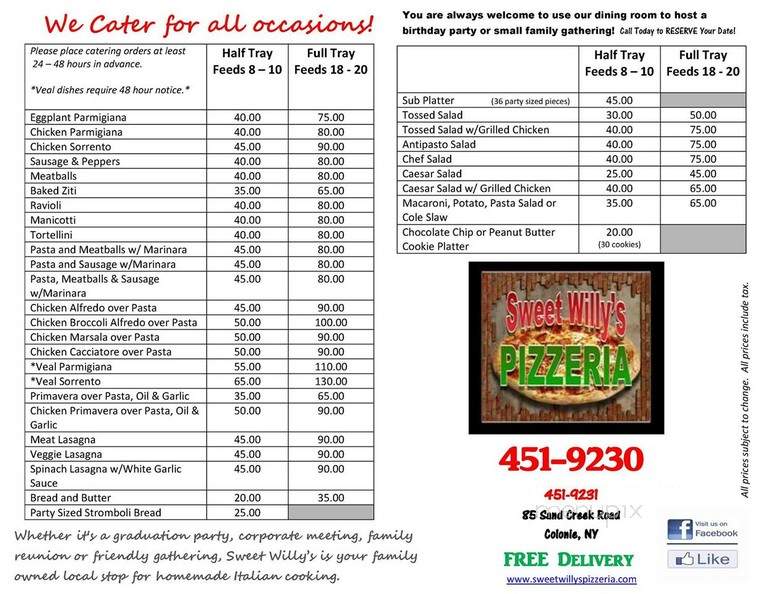 Sweet Willy's Pizzeria - Albany, NY menu_pic