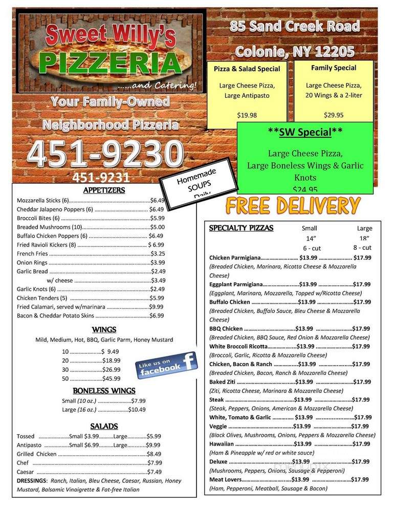 Sweet Willy's Pizzeria - Albany, NY menu_pic