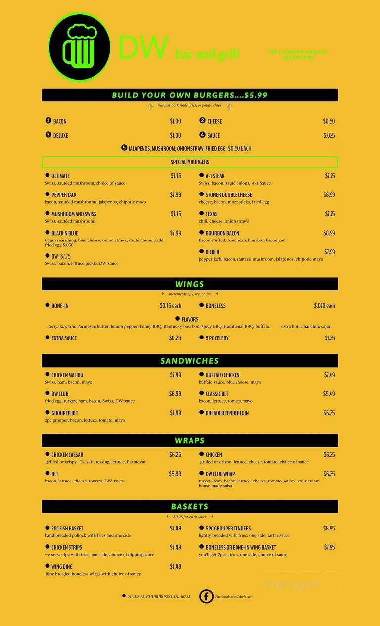 DW Bar and Grill - Churubusco, IN menu_pic