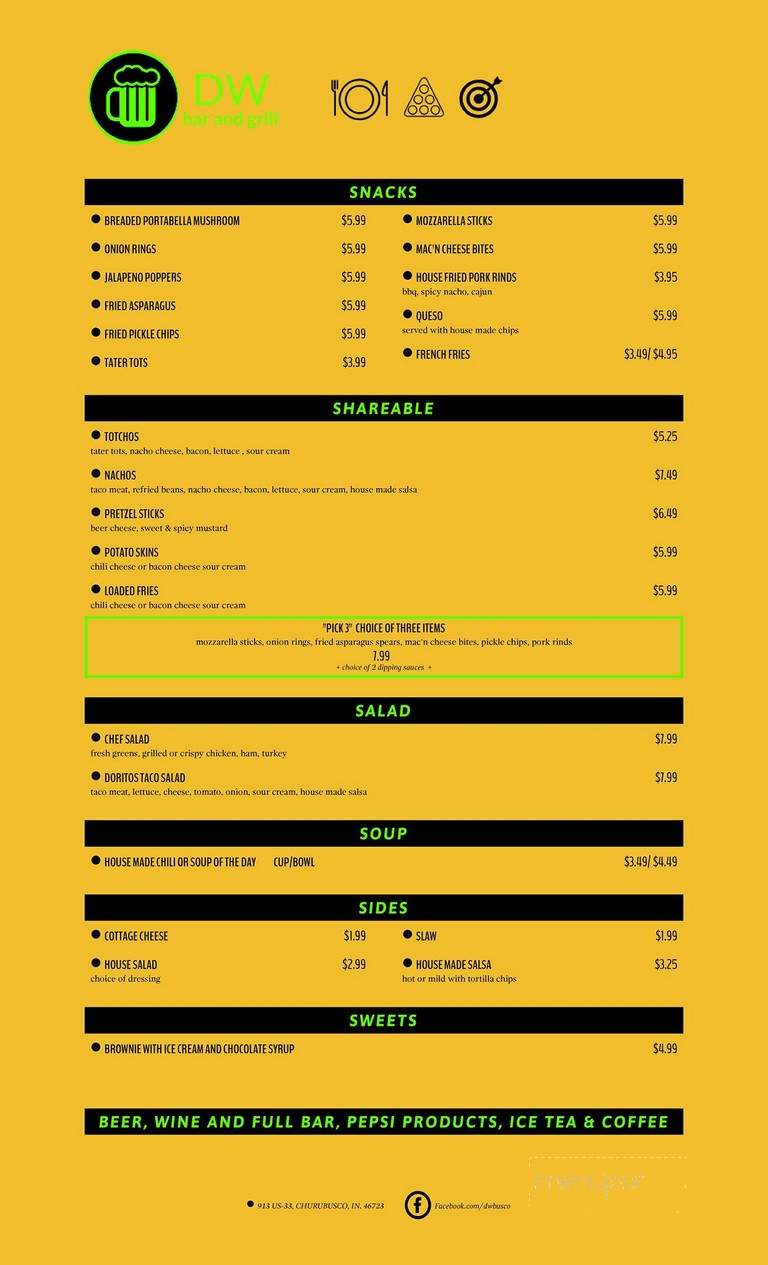 DW Bar and Grill - Churubusco, IN menu_pic