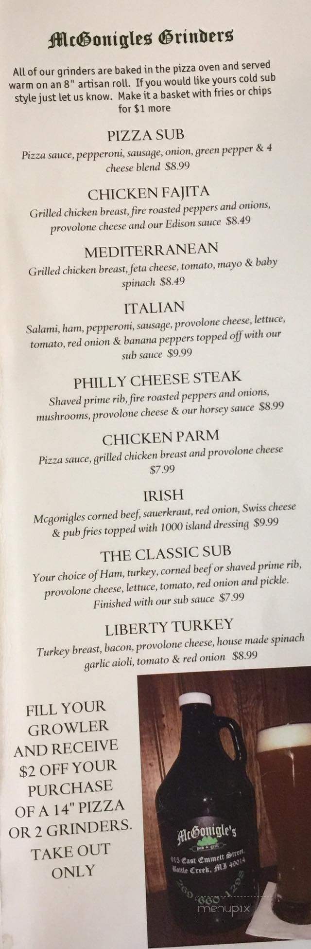 McGonigles Pub and Grill - Battle Creek, MI menu_pic