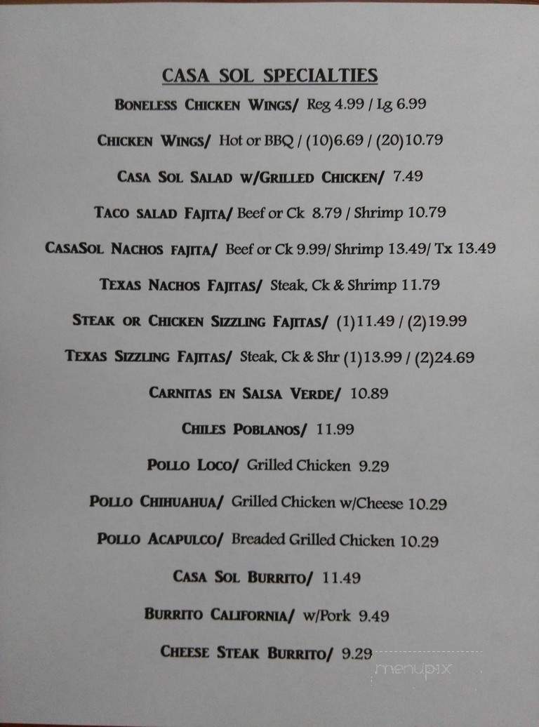 Casa Sol Mexican Restaurant - Villa Rica, GA menu_pic