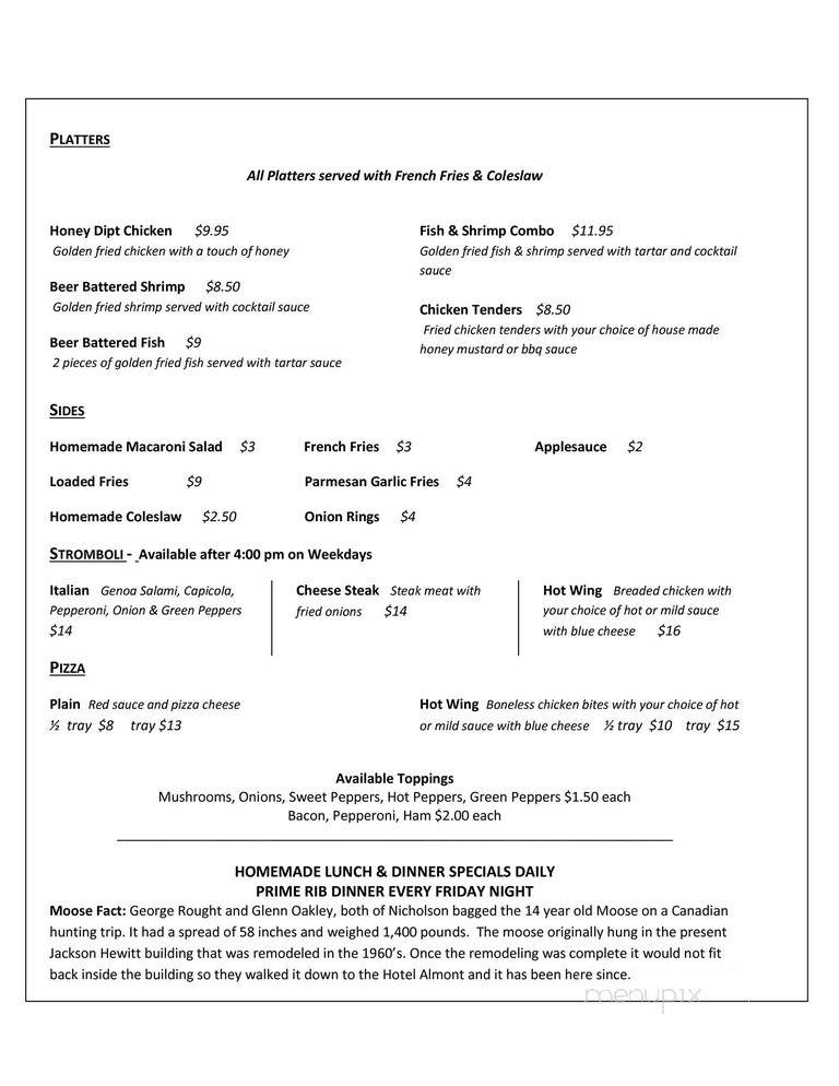 Hotel Almont - Nicholson, PA menu_pic