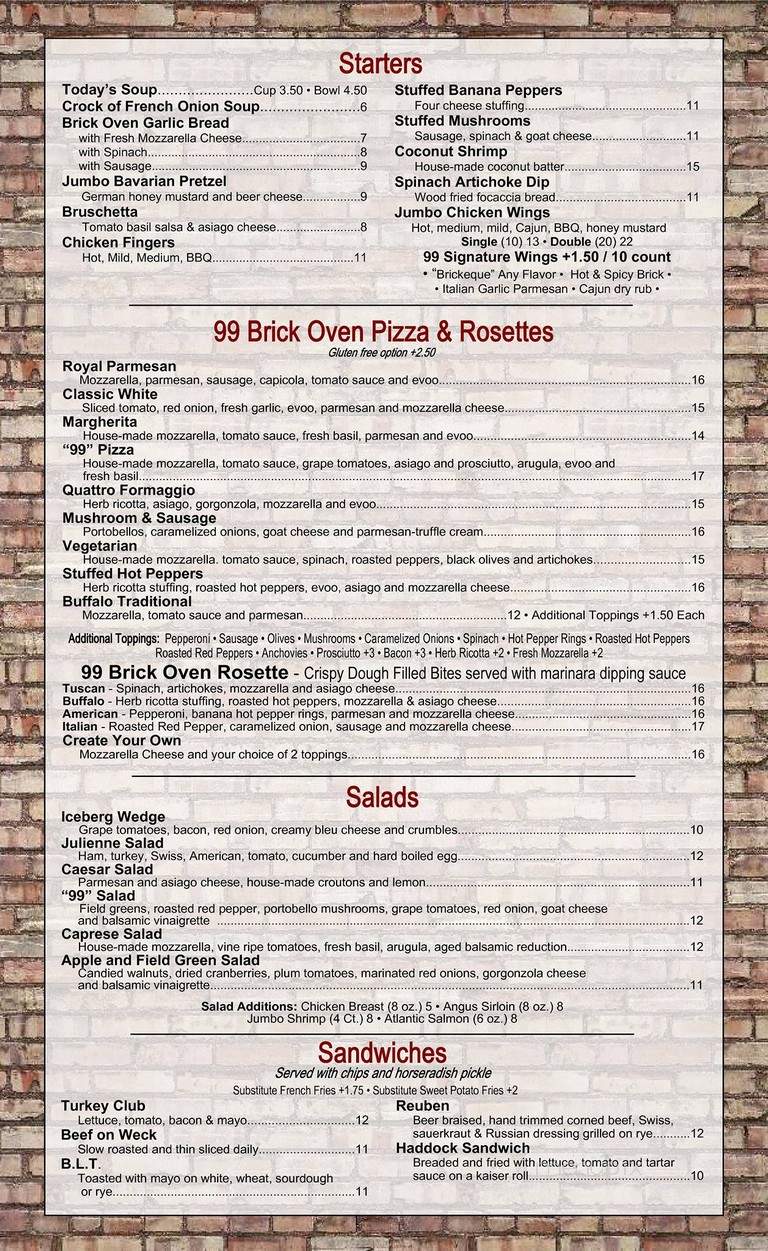 Menu of 99 Brick Oven in Lancaster, NY 14086