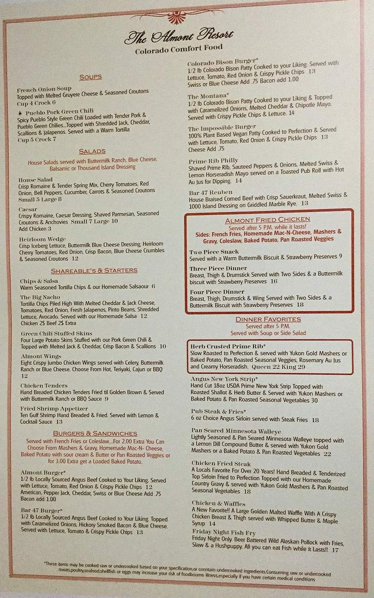 Almont Resort Restaurant & Lounge - Gunnison, CO menu_pic