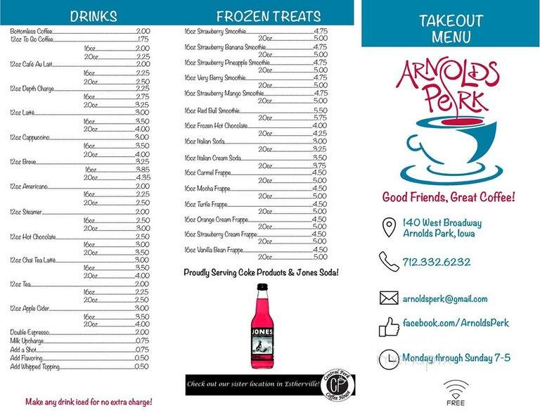 Arnold's Perk Coffee House - Arnolds Park, IA menu_pic