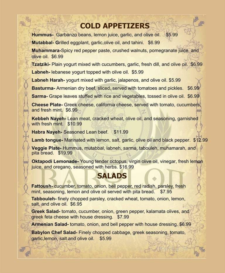 Babylon Mediterranean Restaurant - Pasadena, CA menu_pic