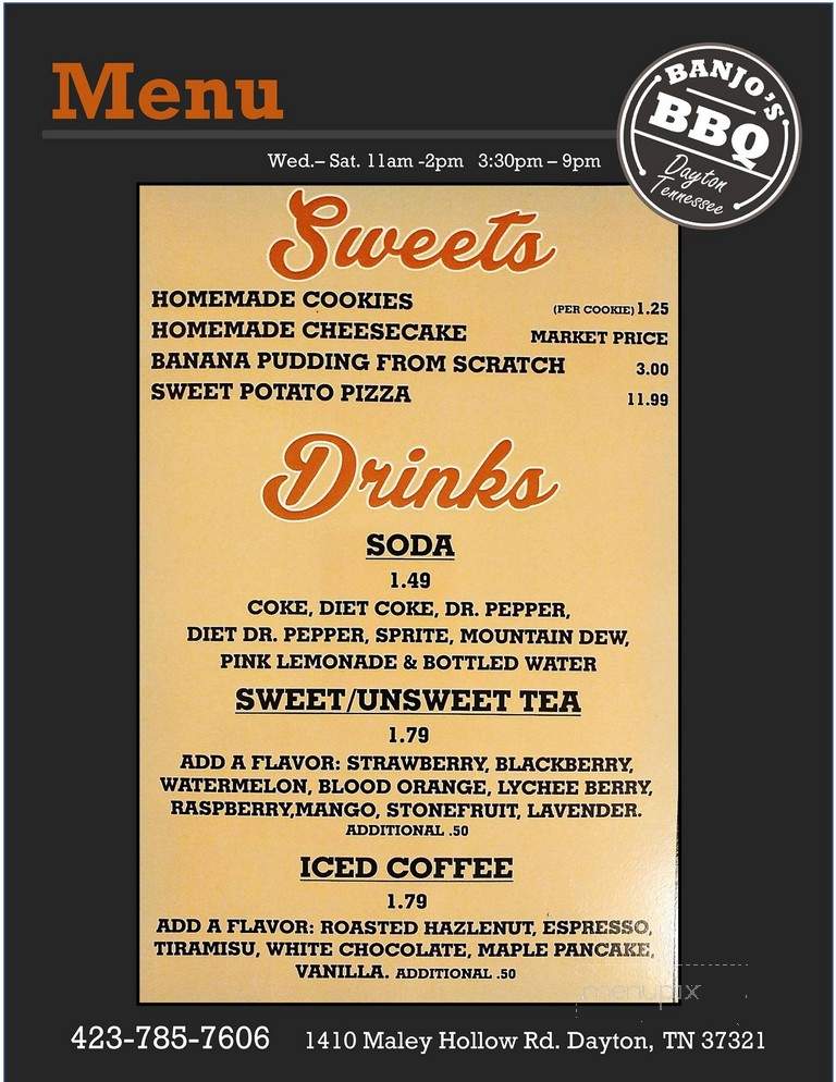 Banjo's BBQ - DAYTON, TN menu_pic