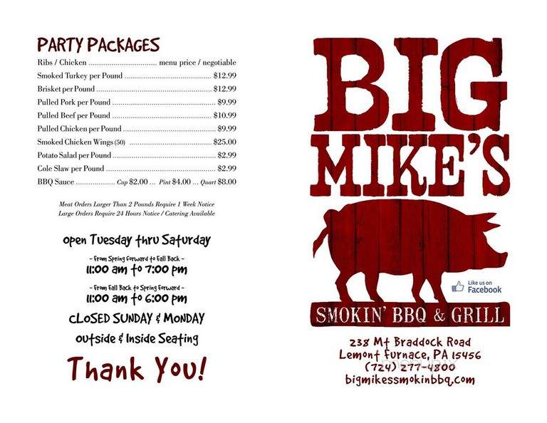 Big Mike's Smokin BBQ & Grill - Lemont Furnace, PA menu_pic