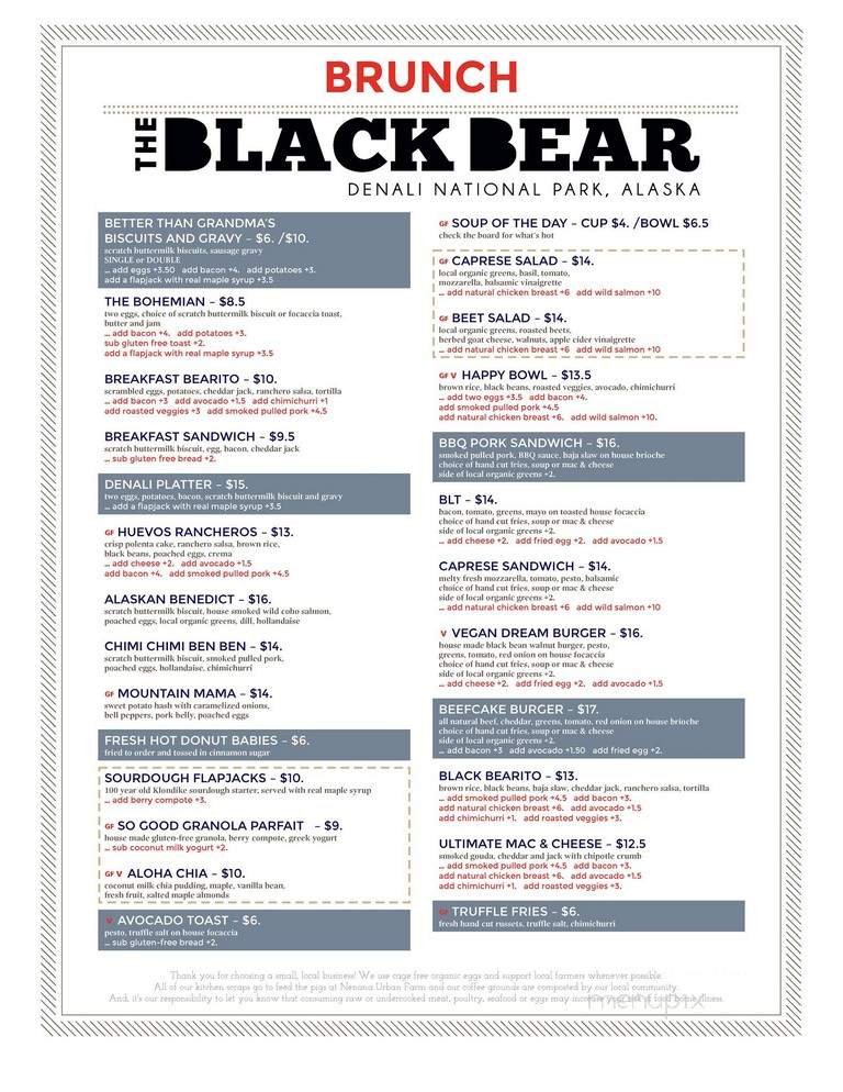 Menu of Black Bear Coffee House in Denali National Park, AK 99755