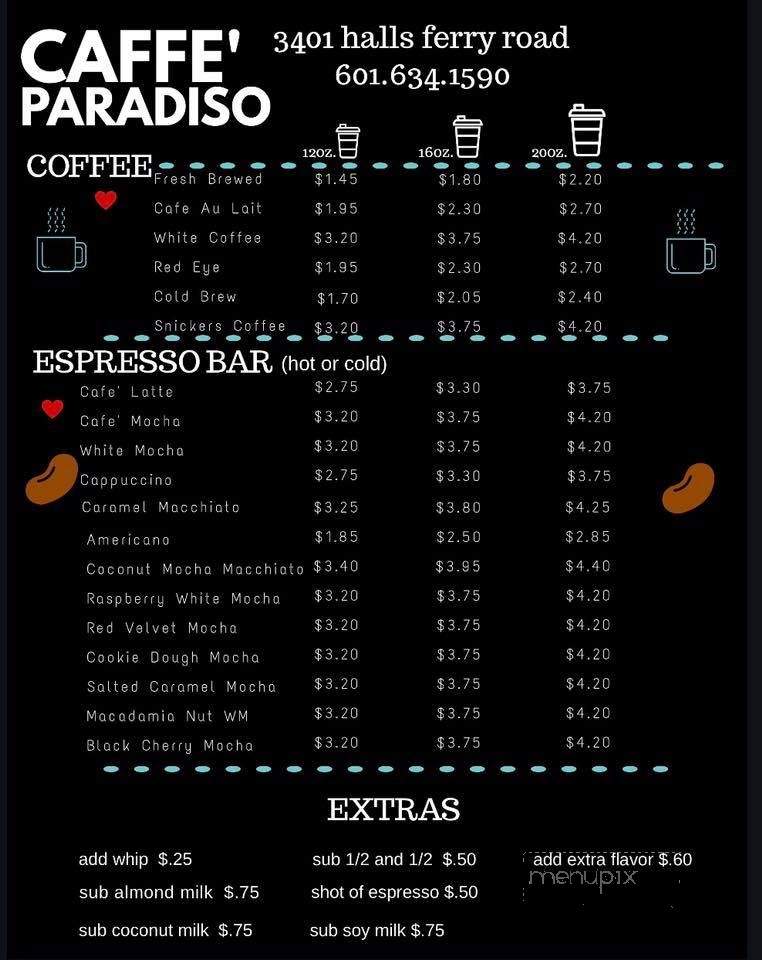 Menu of Cafe Paradiso in Vicksburg, MS 39180