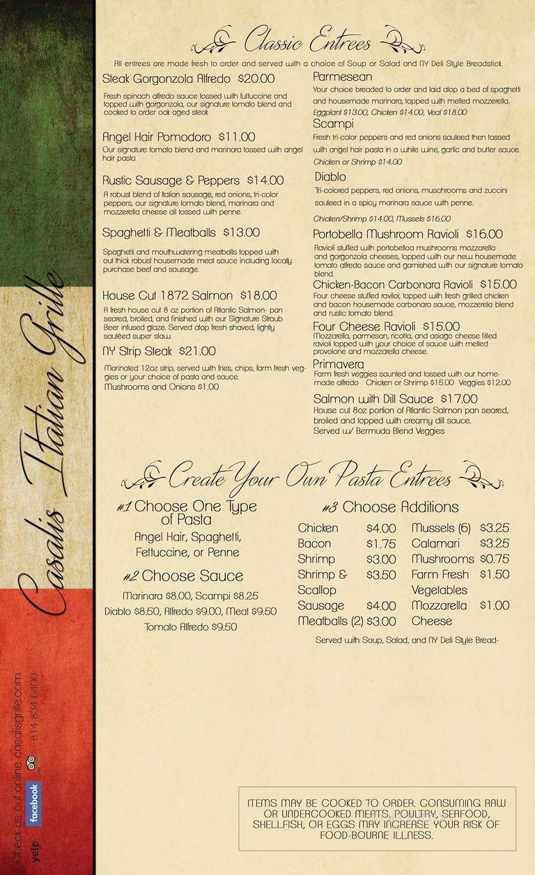 Casali's Italian Grille - St Marys, PA menu_pic
