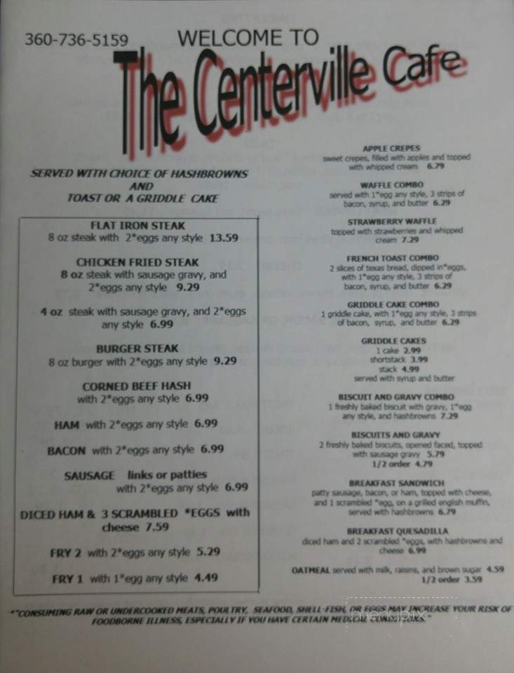 Centerville Cafe - Centralia, WA menu_pic