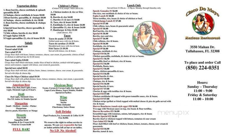 Cinco De Mayo Mexican Restaurant - Tallahassee, FL menu_pic