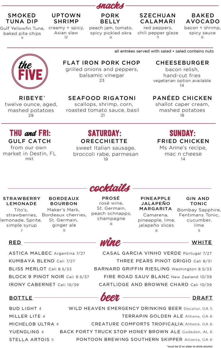FIVE Bar - Athens, GA menu_pic