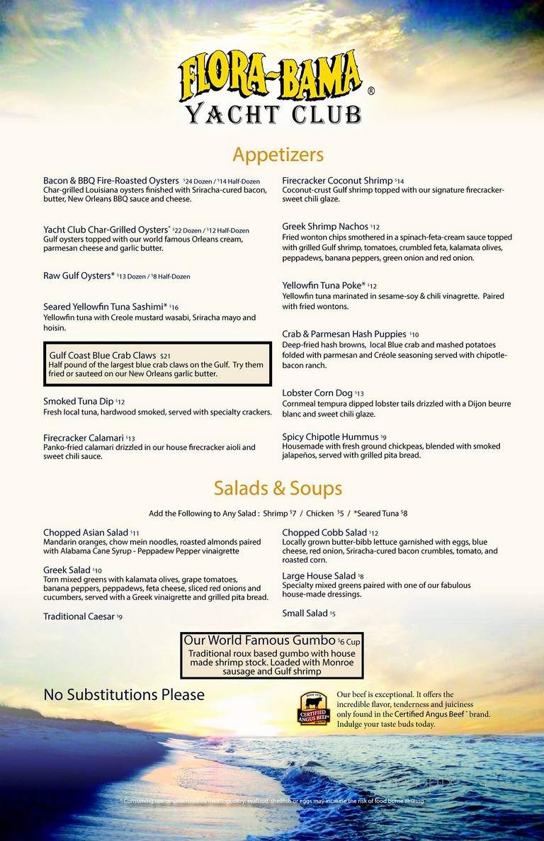 Menu of FloraBama Yacht Club in Pensacola, FL 32507