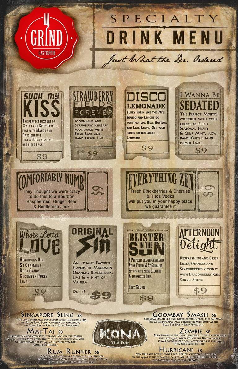Grind Gastropub and Kona Tiki Bar - Ormond Beach, FL menu_pic