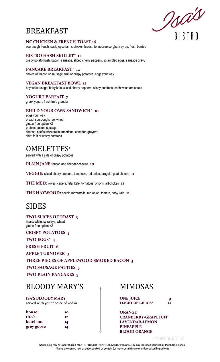 Isa’s French Bistro - Asheville, NC menu_pic
