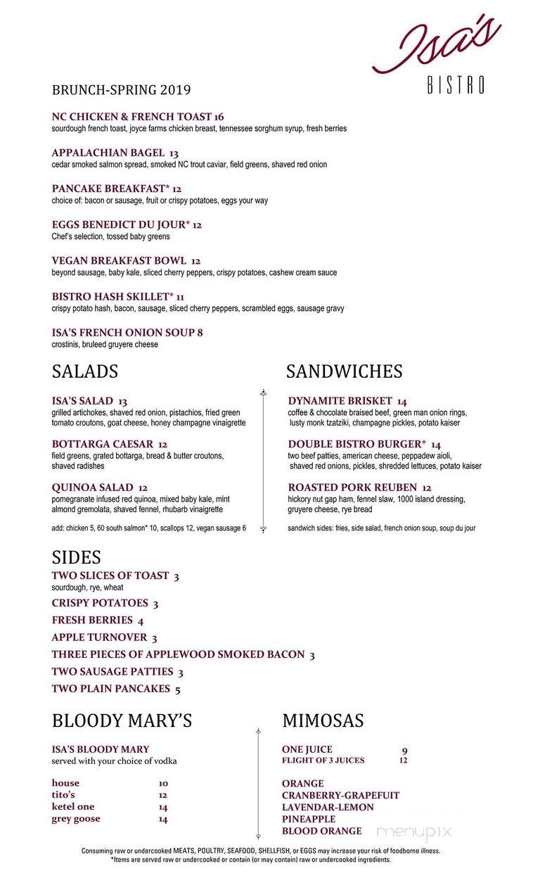 Isa’s French Bistro - Asheville, NC menu_pic