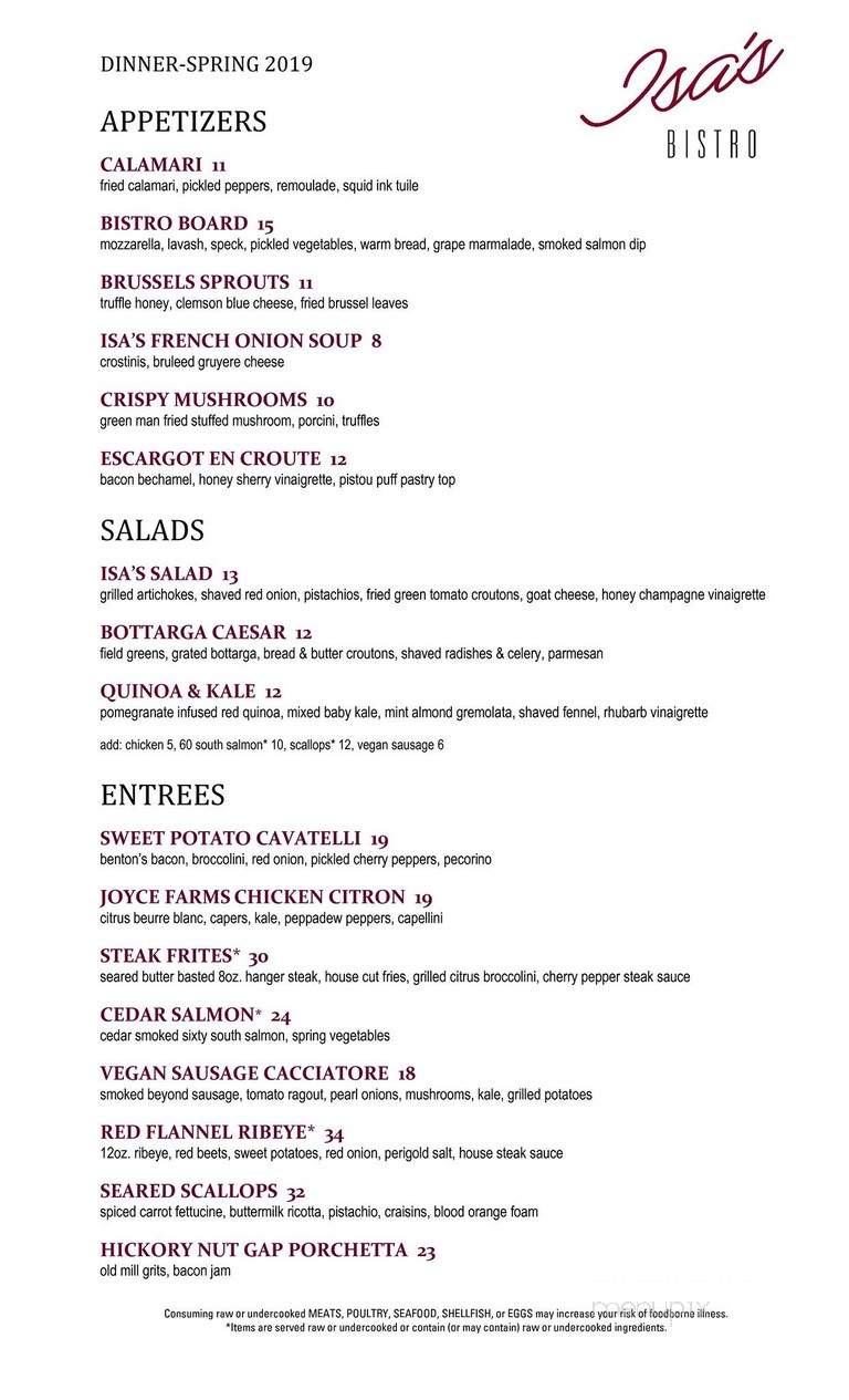 Isa’s French Bistro - Asheville, NC menu_pic