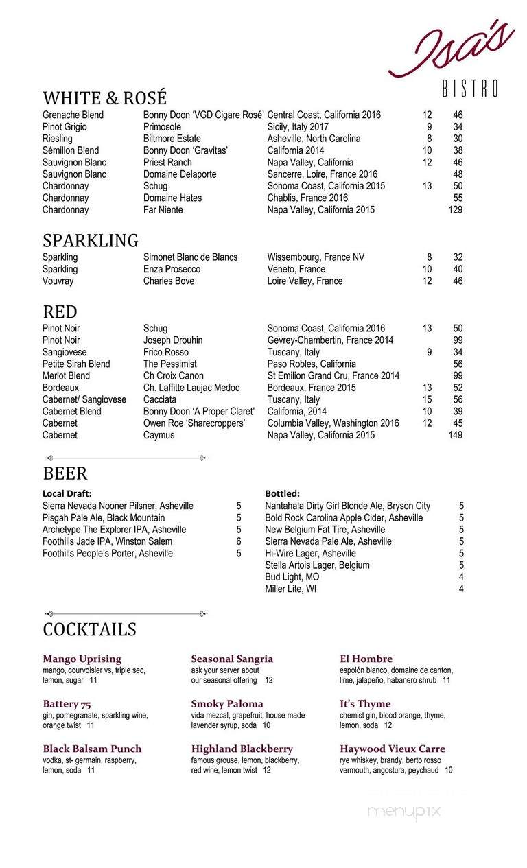 Isa’s French Bistro - Asheville, NC menu_pic