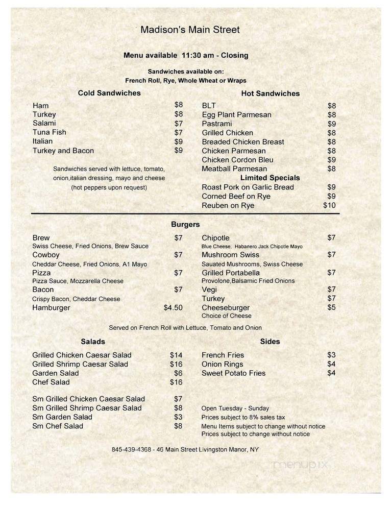 Madison's Restaurant - Livingston Manor, NY menu_pic
