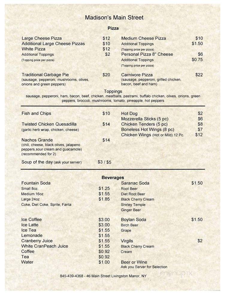 Madison's Restaurant - Livingston Manor, NY menu_pic