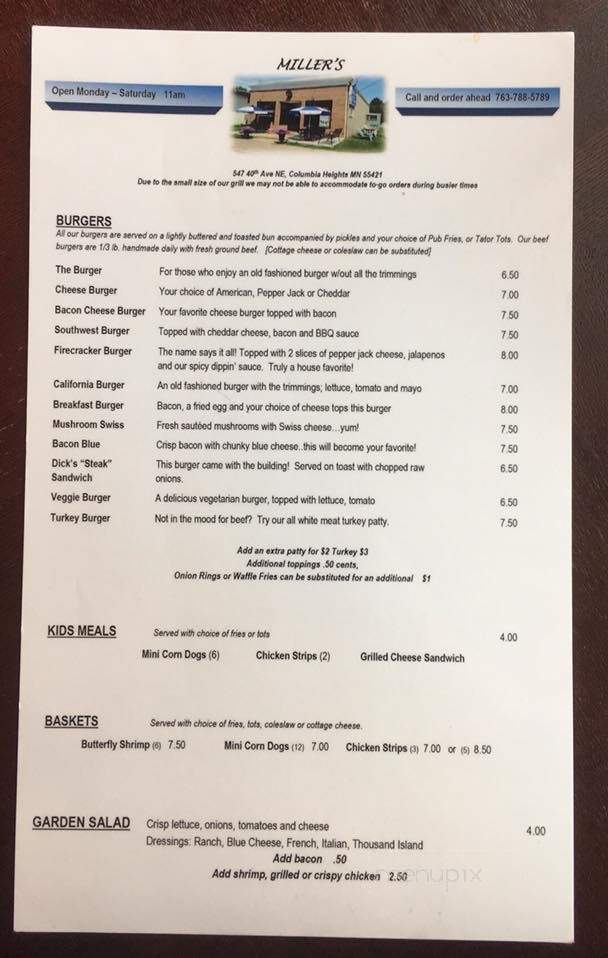 Miller's Corner Bar and Grill - Minneapolis, MN menu_pic