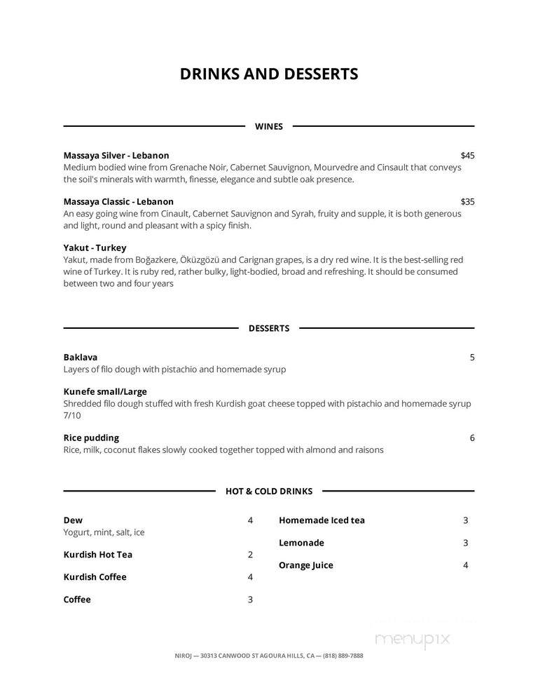 Niroj Levant Cuisine - Agoura Hills, CA menu_pic