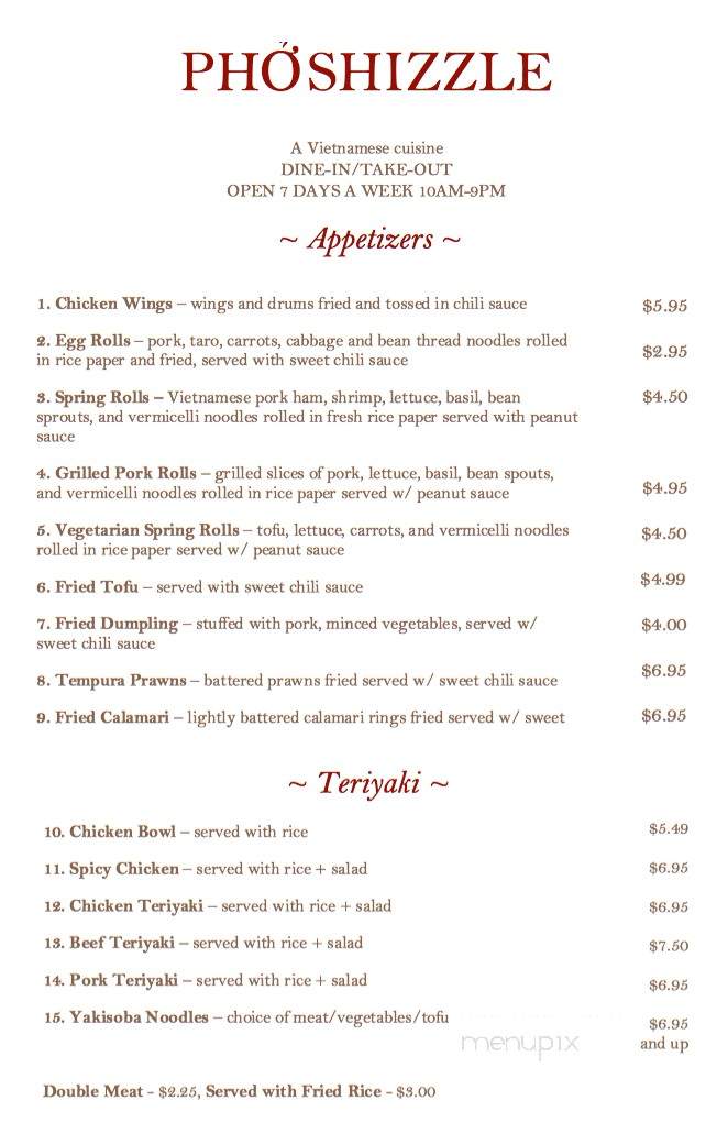 Pho Shizzle - Renton, WA menu_pic