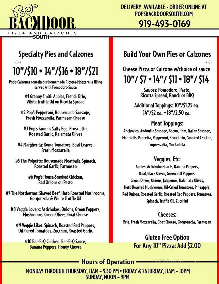 Pop's Backdoor South - Durham, NC menu_pic