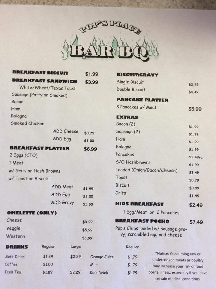 Pop's Place Bar B Q - Hanceville, AL menu_pic