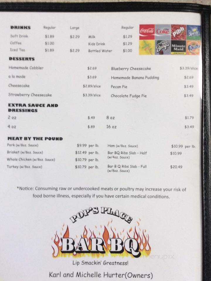 Pop's Place Bar B Q - Hanceville, AL menu_pic