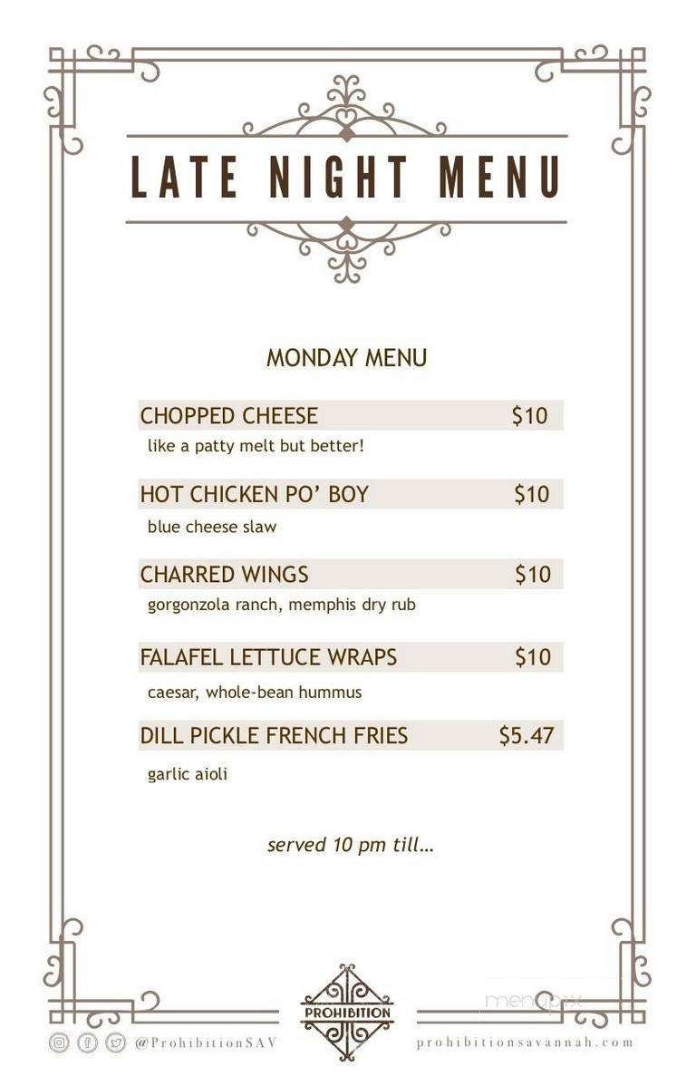 Prohibition - Charleston, SC menu_pic