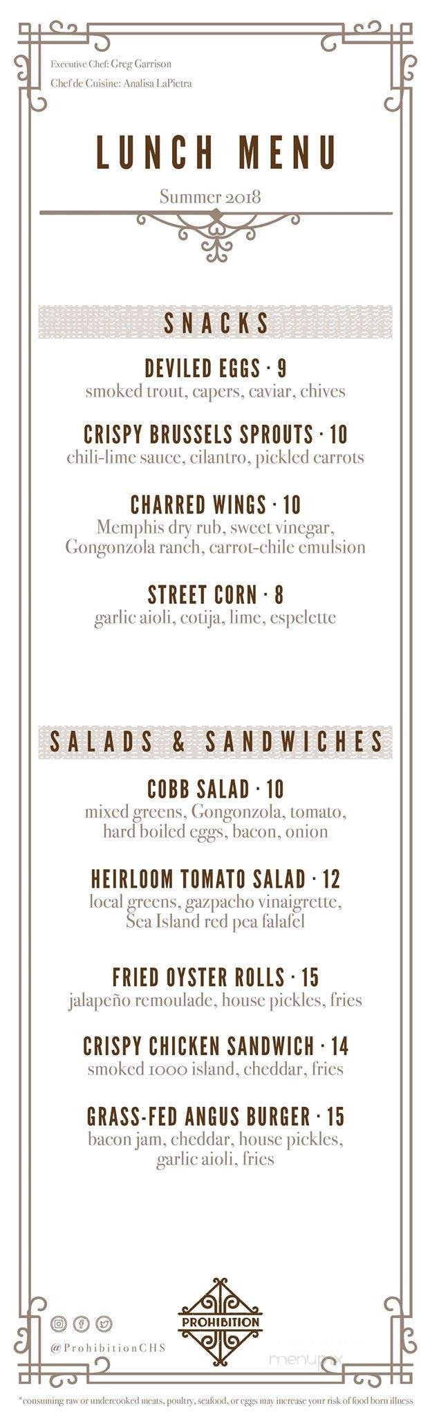 Prohibition - Charleston, SC menu_pic