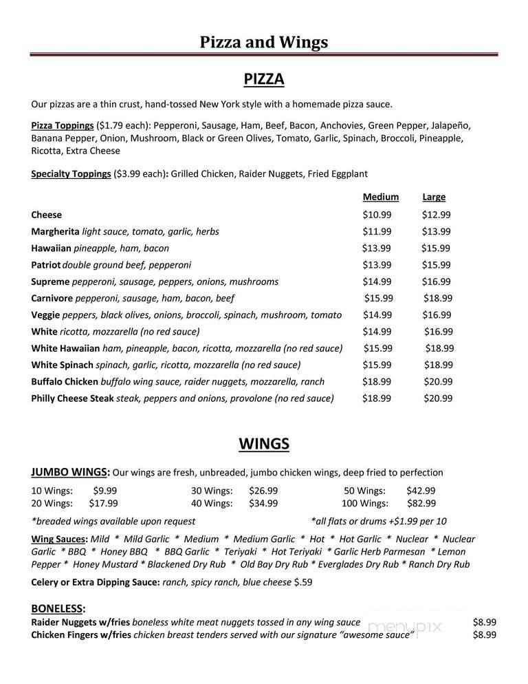 Raider Pizza and Wings - Fort Myers, FL menu_pic
