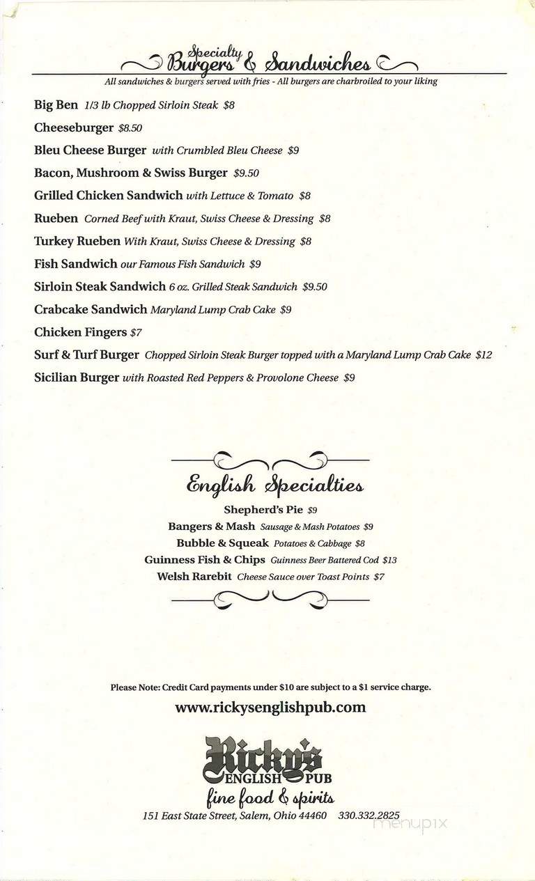 Ricky's English Pub - Salem, OH menu_pic