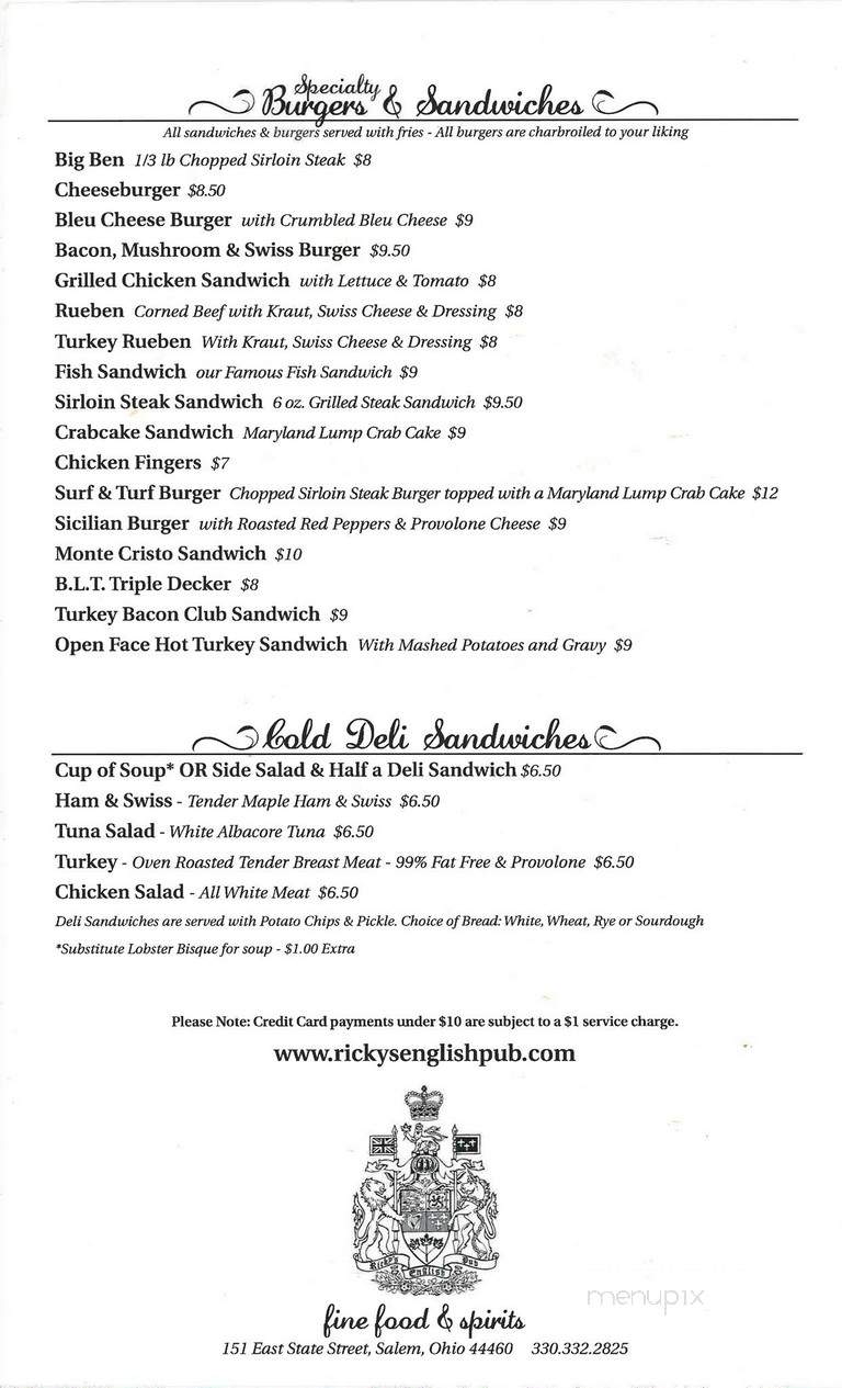 Ricky's English Pub - Salem, OH menu_pic