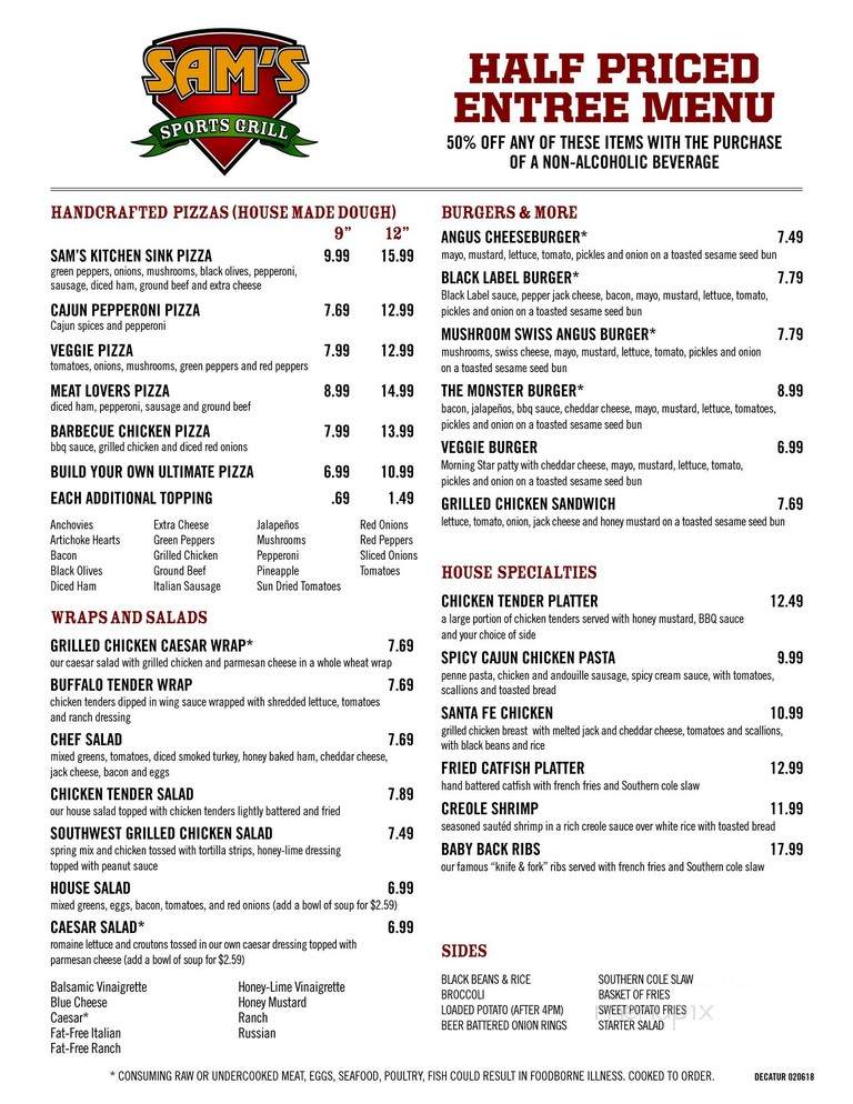 Menu of Sam's All American Sports Grill in Decatur, AL 35601