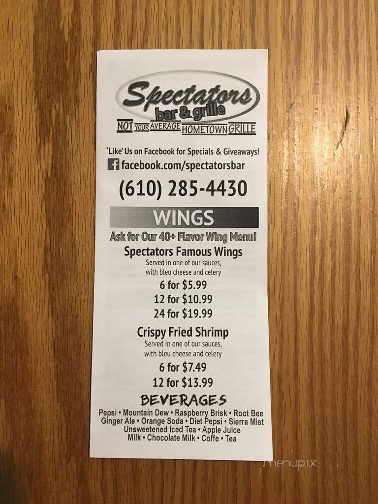 Spectators Bar & Grille - Kutztown, PA menu_pic