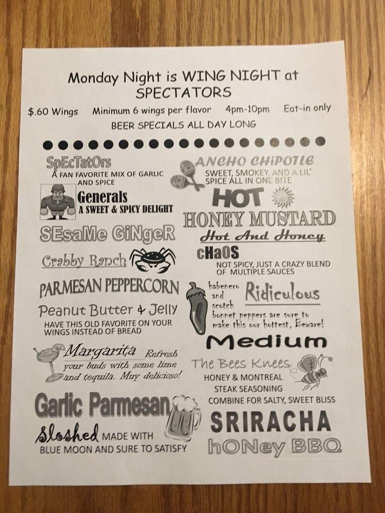 Spectators Bar & Grille - Kutztown, PA menu_pic