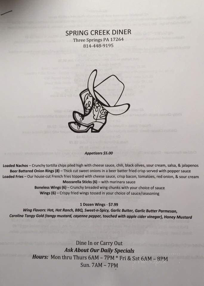 Spring Creek Diner - Three Springs, PA menu_pic