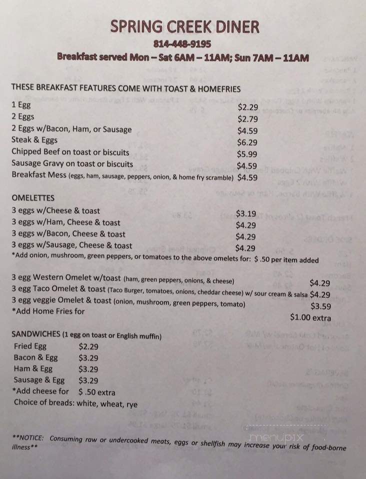 Spring Creek Diner - Three Springs, PA menu_pic