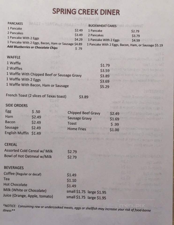 Spring Creek Diner - Three Springs, PA menu_pic